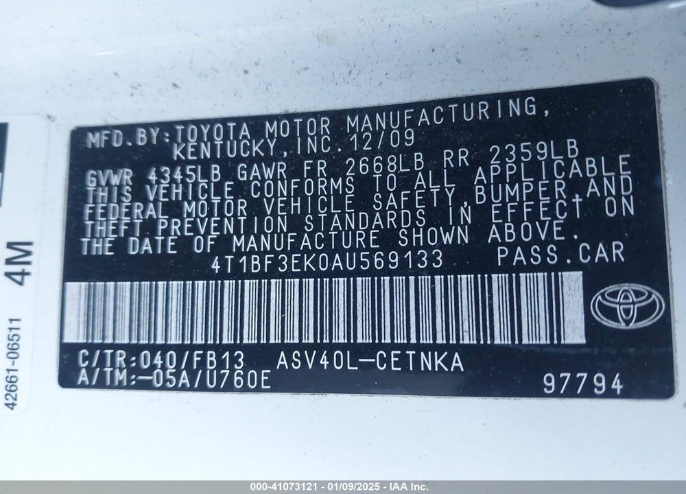 2010 TOYOTA CAMRY VIN: 4T1BF3EK0AU569133
