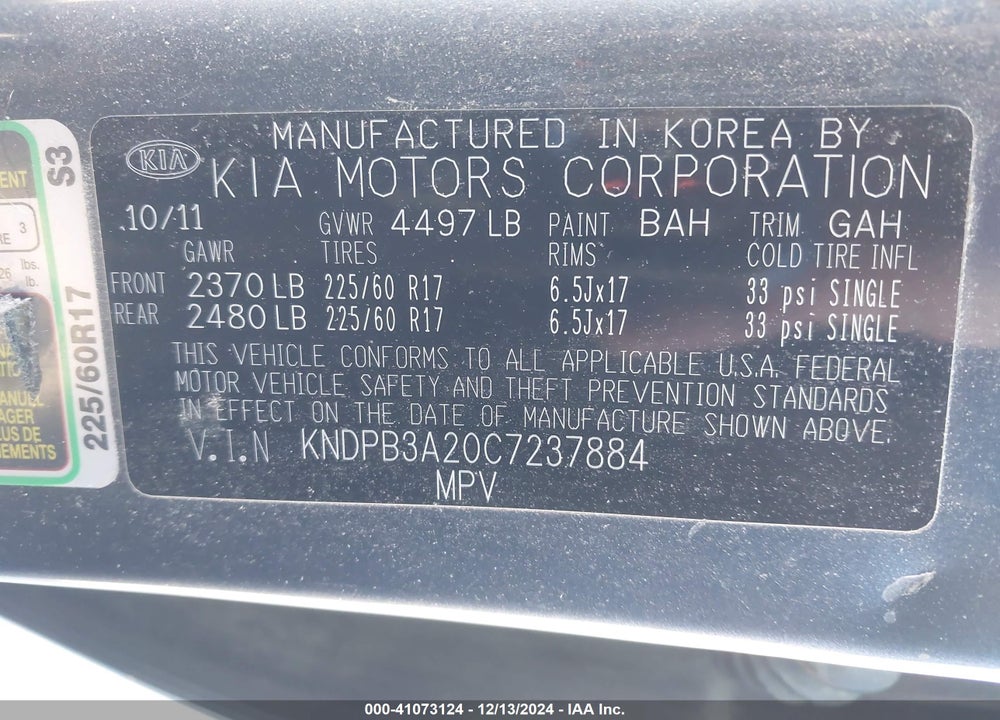 2012 KIA SPORTAGE LX VIN: KNDPB3A20C7237884