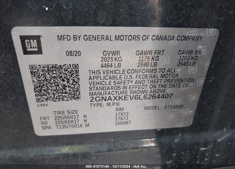 2020 CHEVROLET EQUINOX FWD LT 1.5L TURBO VIN: 2GNAXKEV6L6264407