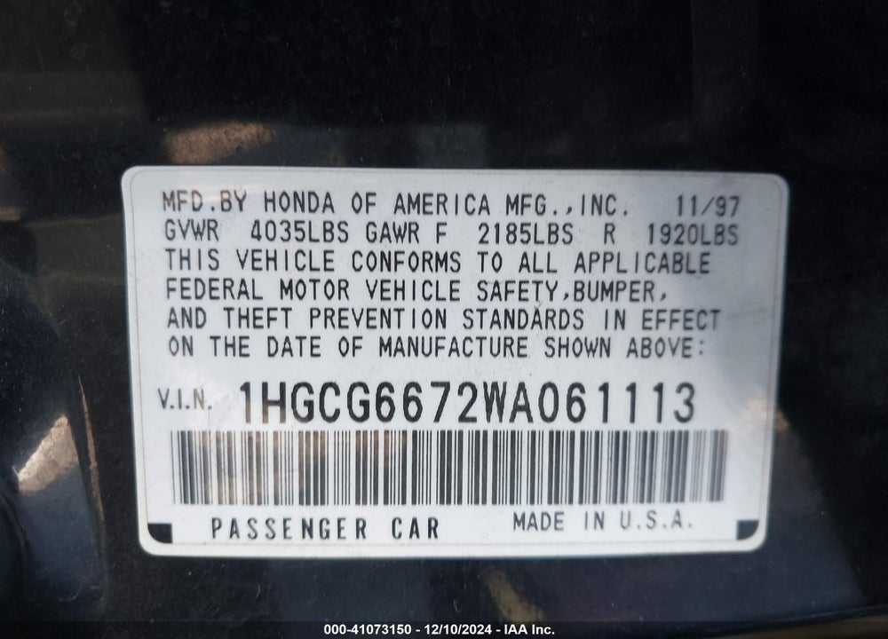 1998 HONDA ACCORD EX VIN: 1HGCG6672WA061113