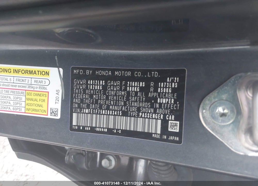 2022 HONDA CIVIC EX VIN: JHMFE1F75NX003415