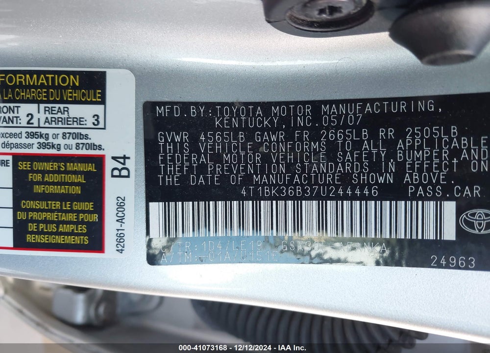 2007 TOYOTA AVALON TOURING VIN: 4T1BK36B37U244446