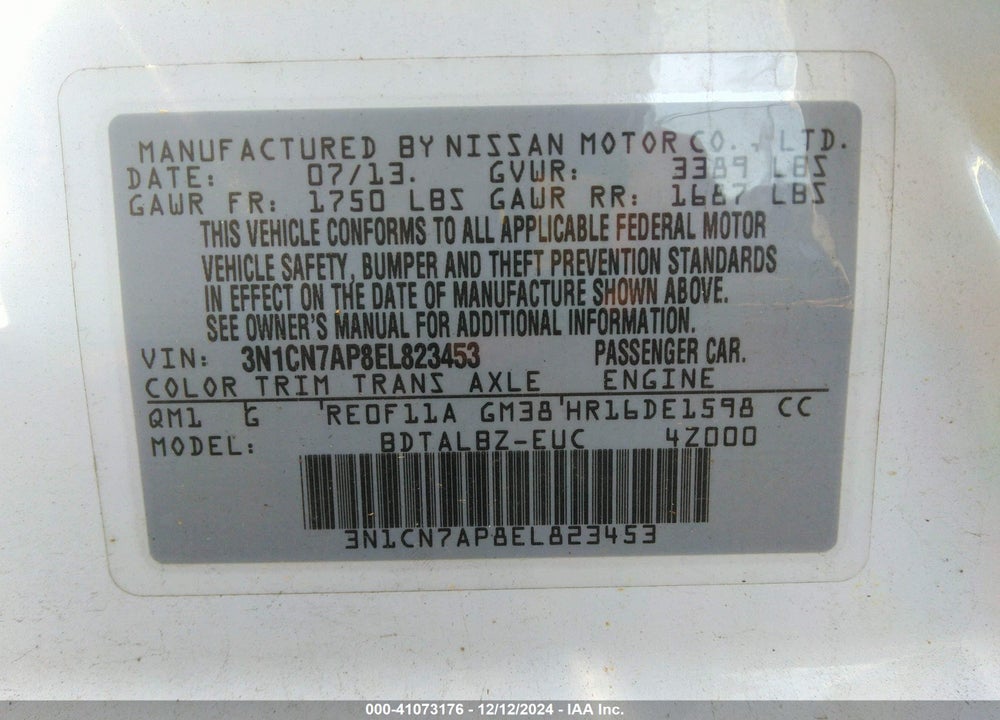 2014 NISSAN VERSA VIN: 3N1CN7AP8EL823453