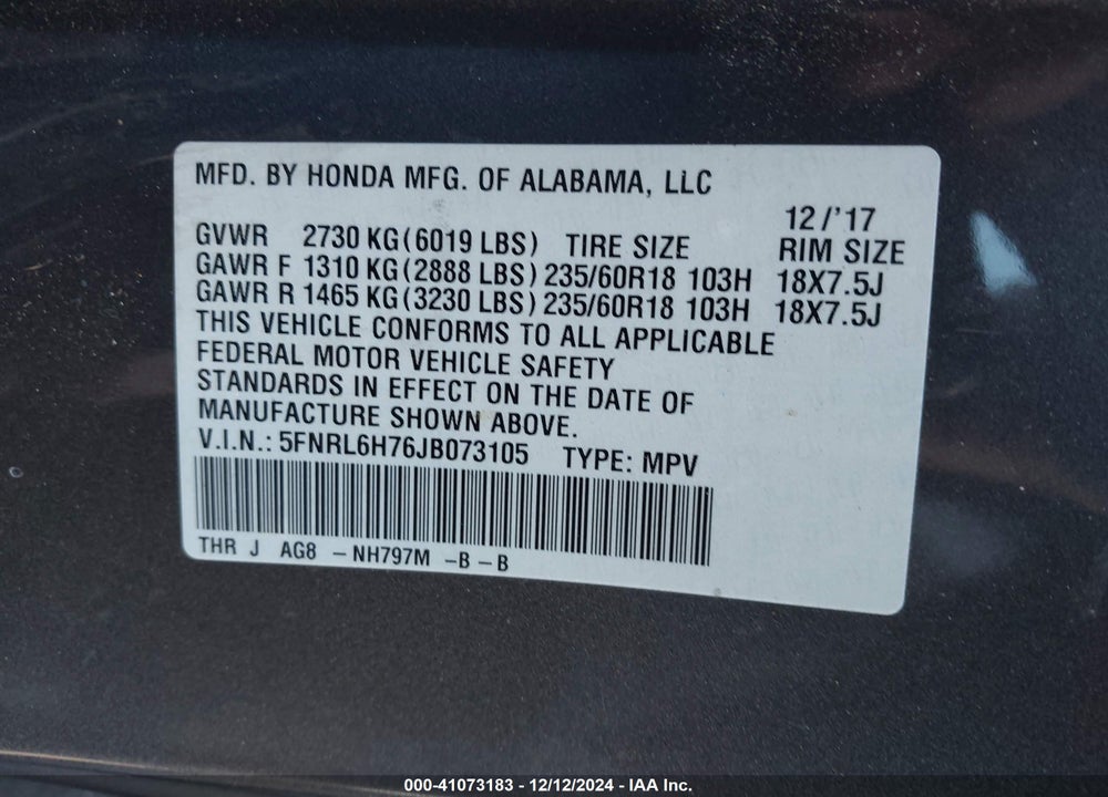 2018 HONDA ODYSSEY EX-L VIN: 5FNRL6H76JB073105