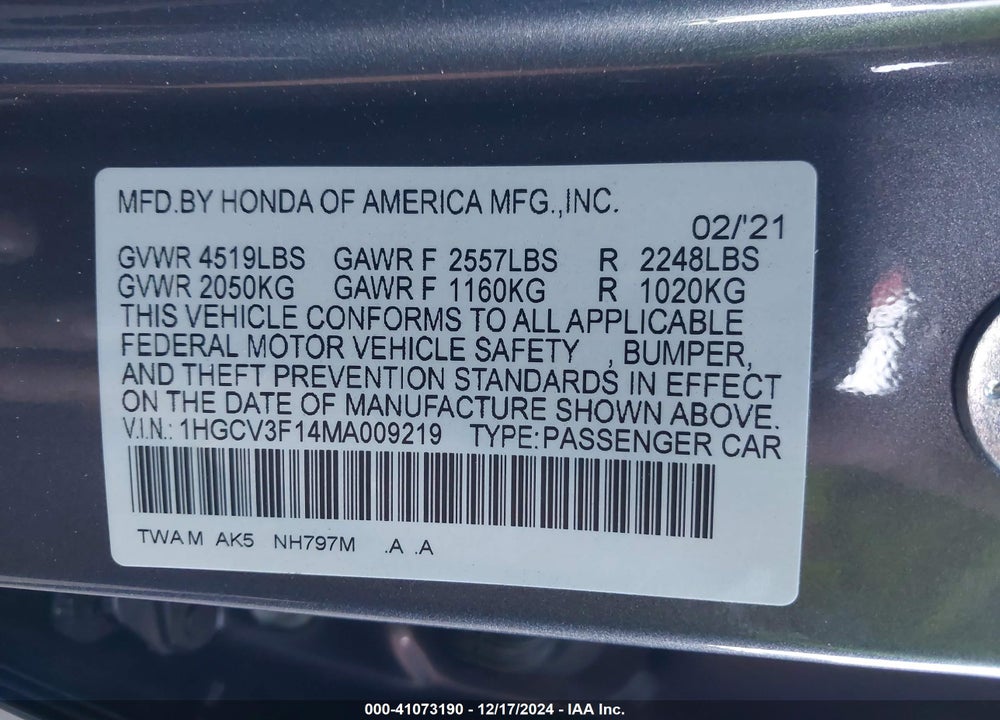 2021 HONDA ACCORD HYBRID VIN: 1HGCV3F14MA009219