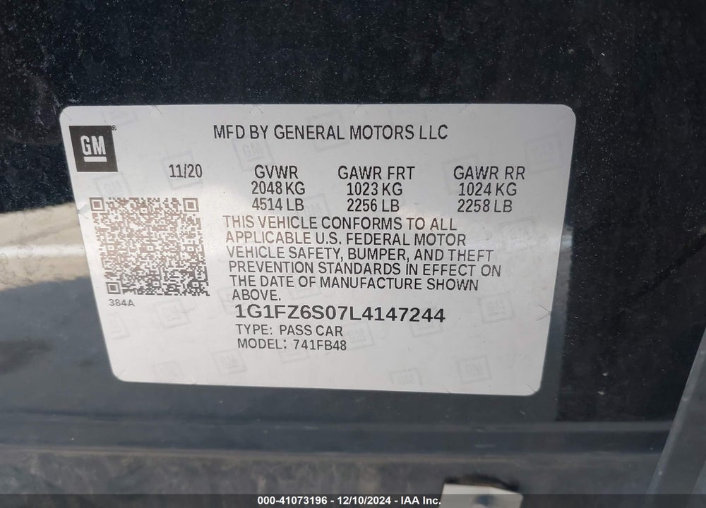 2020 CHEVROLET BOLT EV FWD PREMIER VIN: 1G1FZ6S07L4147244