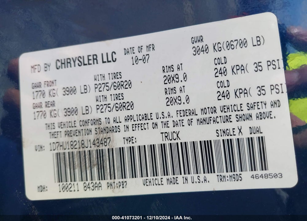 2008 DODGE RAM 1500 SLT VIN: 1D7HU18218J143487