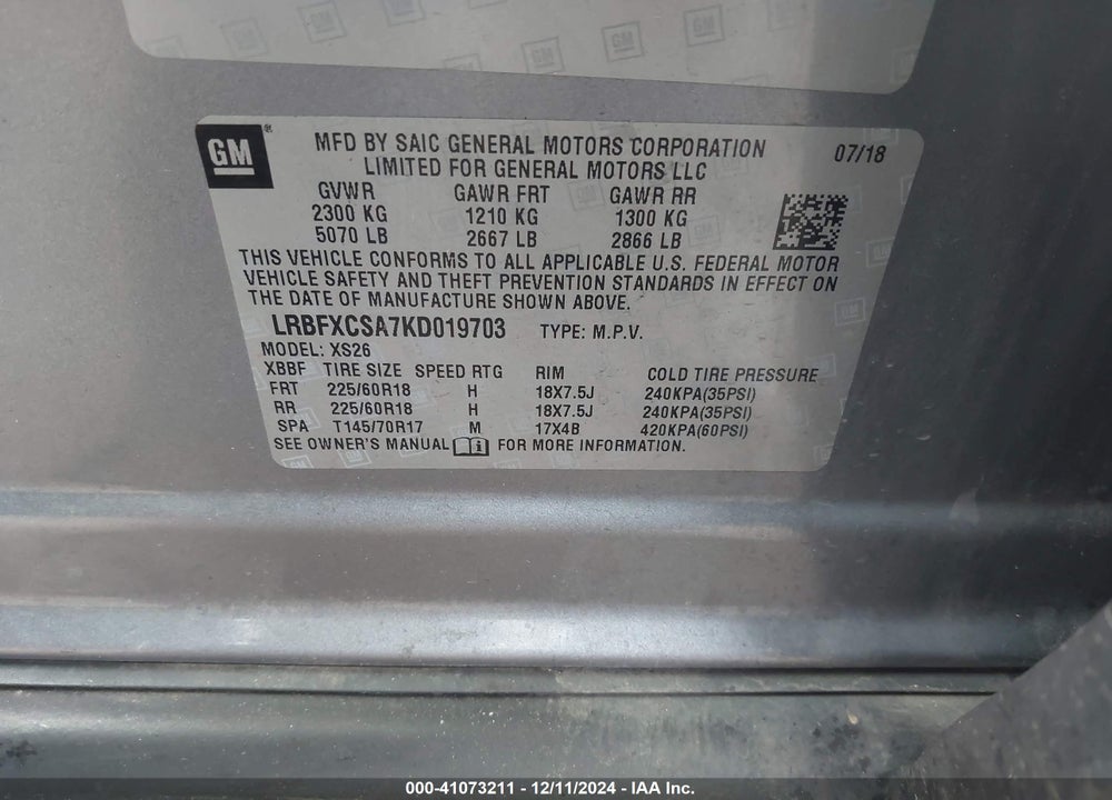 2019 BUICK ENVISION FWD ESSENCE VIN: LRBFXCSA7KD019703