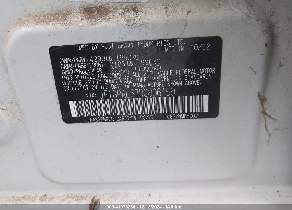 2013 SUBARU IMPREZA 2.0I SPORT PREMIUM VIN: JF1GPAL67DG806159