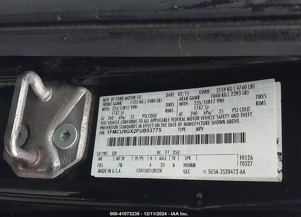 2015 FORD ESCAPE SE VIN: 1FMCU9GX2FUB53775