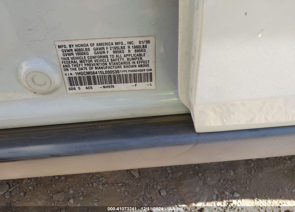 2005 HONDA ACCORD 2.4 LX VIN: 1HGCM56415L000539