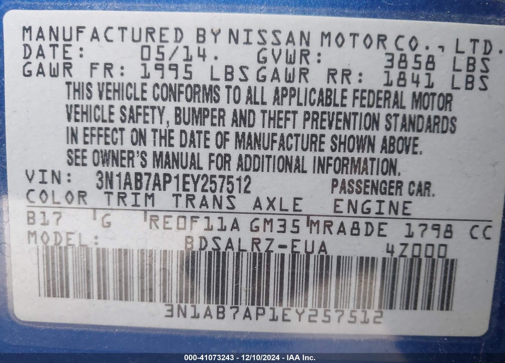 2014 NISSAN SENTRA SR VIN: 3N1AB7AP1EY257512