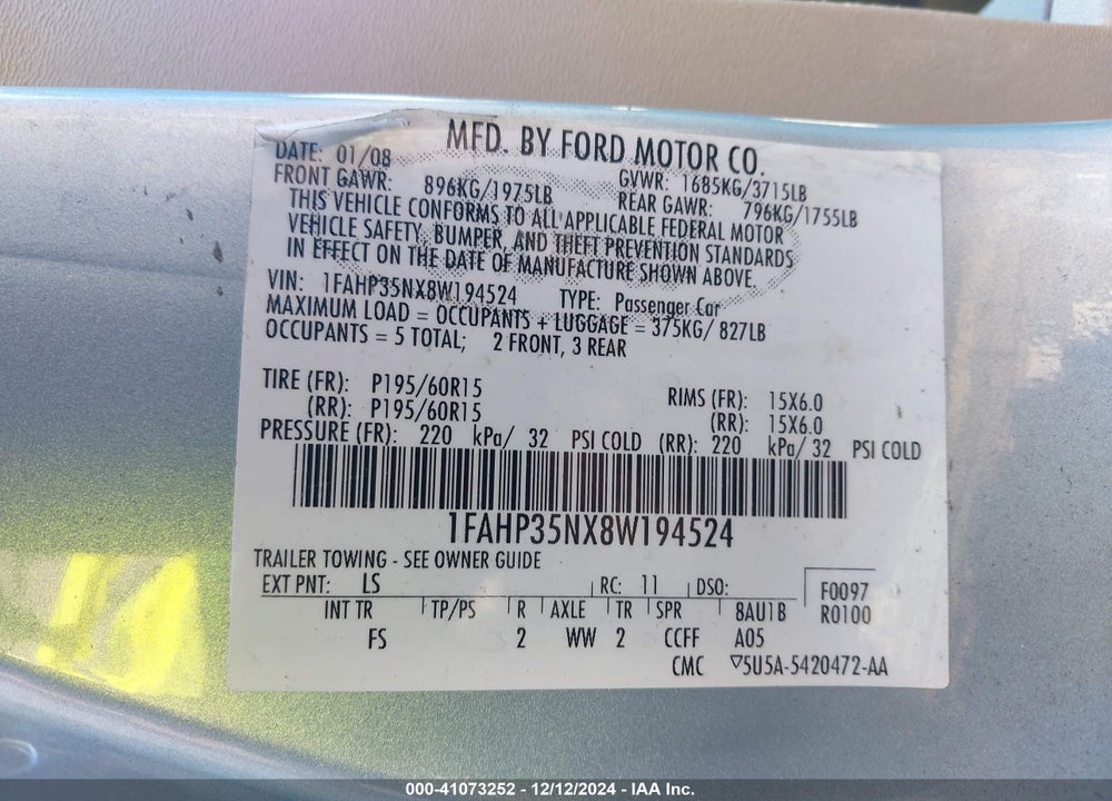 2008 FORD FOCUS VIN: 1FAHP35NX8W194524