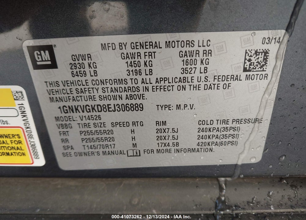 2014 CHEVROLET TRAVERSE 1LT VIN: 1GNKVGKD8EJ306889
