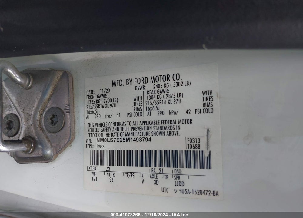 2021 CARGO FORD TRANSIT CONNECT XL  VAN VIN: NM0LS7E25M1493794