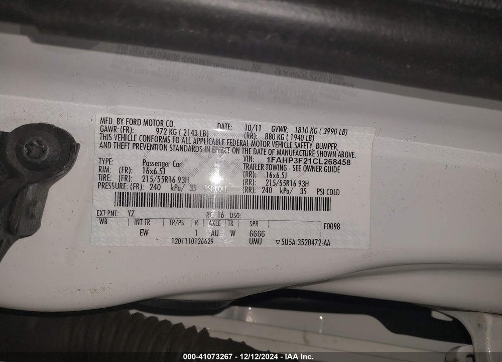 2012 FORD FOCUS SE VIN: 1FAHP3F21CL268458