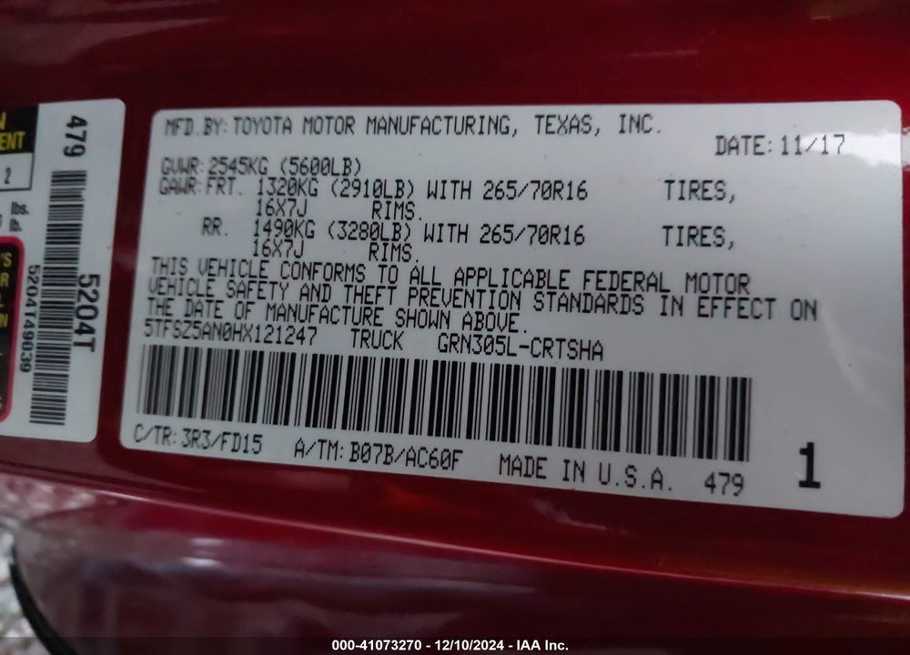 2017 TOYOTA TACOMA VIN: 5TFSZ5AN0HX121247