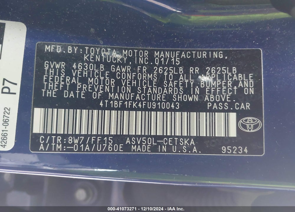 2015 TOYOTA CAMRY VIN: 4T1BF1FK4FU910043