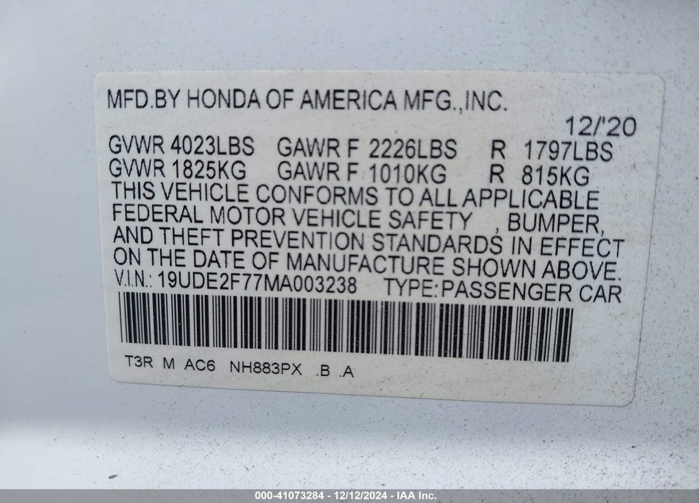 2021 ACURA ILX PREMIUM PACKAGE/TECHNOLOGY PACKAGE VIN: 19UDE2F77MA003238