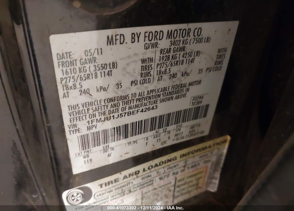 2011 FORD EXPEDITION VIN: 1FMJU1J57BEF42643