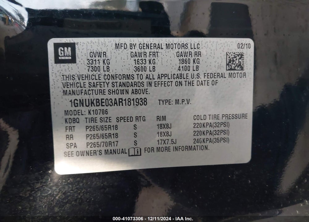 2010 CHEVROLET TAHOE LT VIN: 1GNUKBE03AR181938