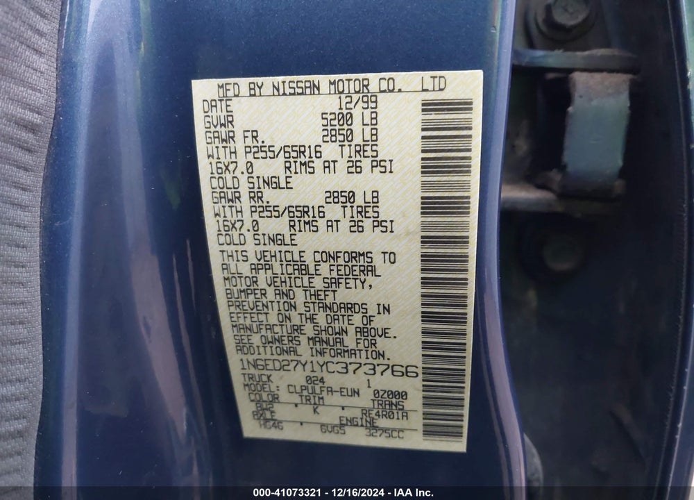 2000 NISSAN FRONTIER SE/SE-V6/XE-V6 VIN: 1N6ED27Y1YC373766