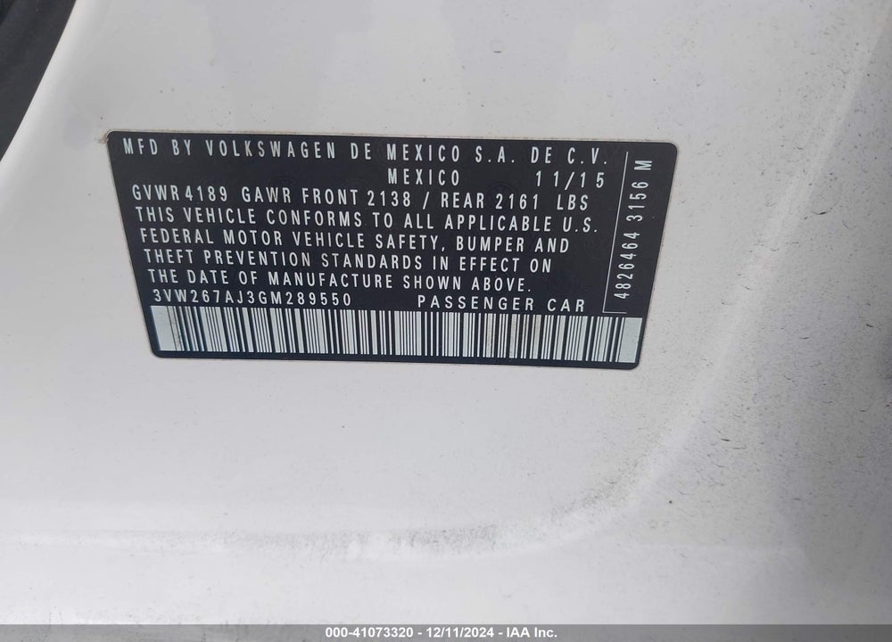 2016 VOLKSWAGEN JETTA 1.4T S VIN: 3VW267AJ3GM289550