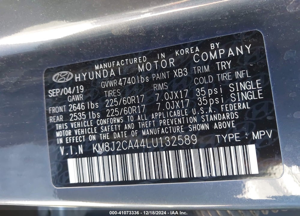 2020 HYUNDAI TUCSON SE VIN: KM8J2CA44LU132589
