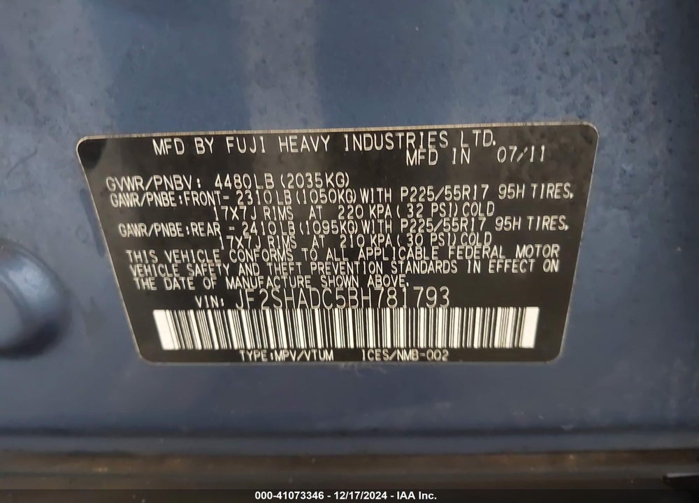 2011 SUBARU FORESTER 2.5X PREMIUM VIN: JF2SHADC5BH781793