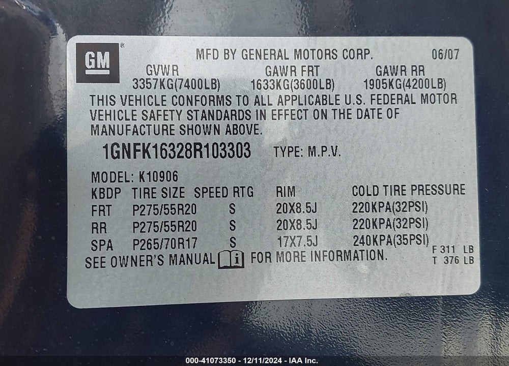 2008 CHEVROLET SUBURBAN 1500 LTZ VIN: 1GNFK16328R103303