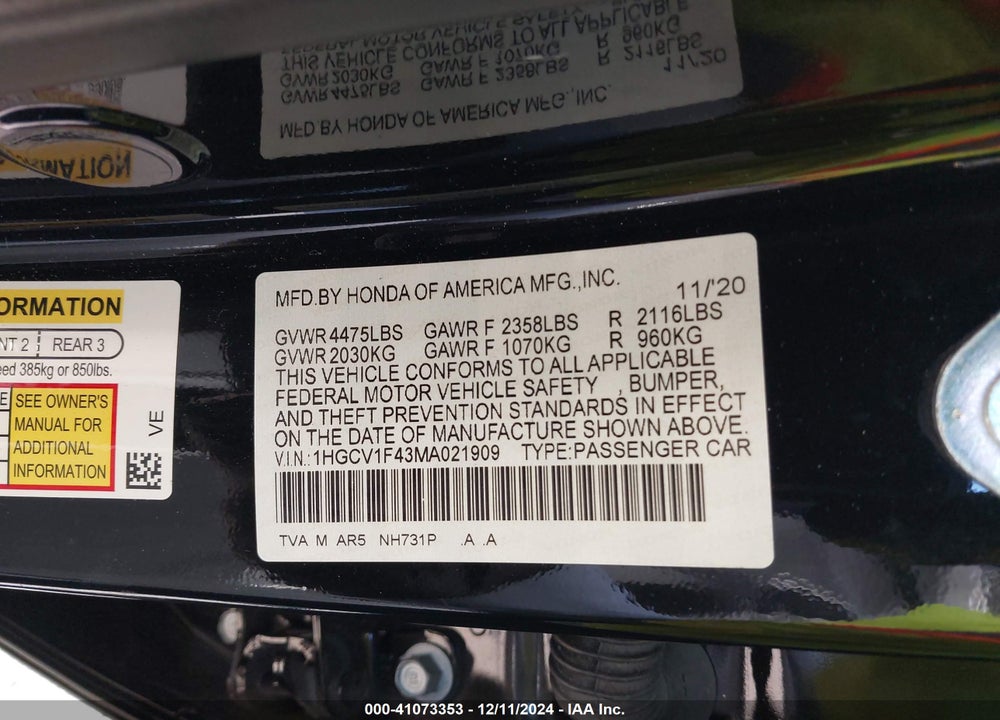 2021 HONDA ACCORD VIN: 1HGCV1F43MA021909