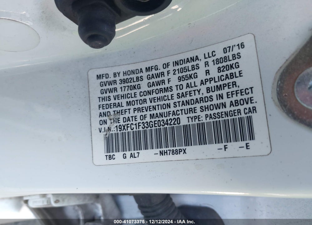 2016 HONDA CIVIC VIN: 19XFC1F33GE034220