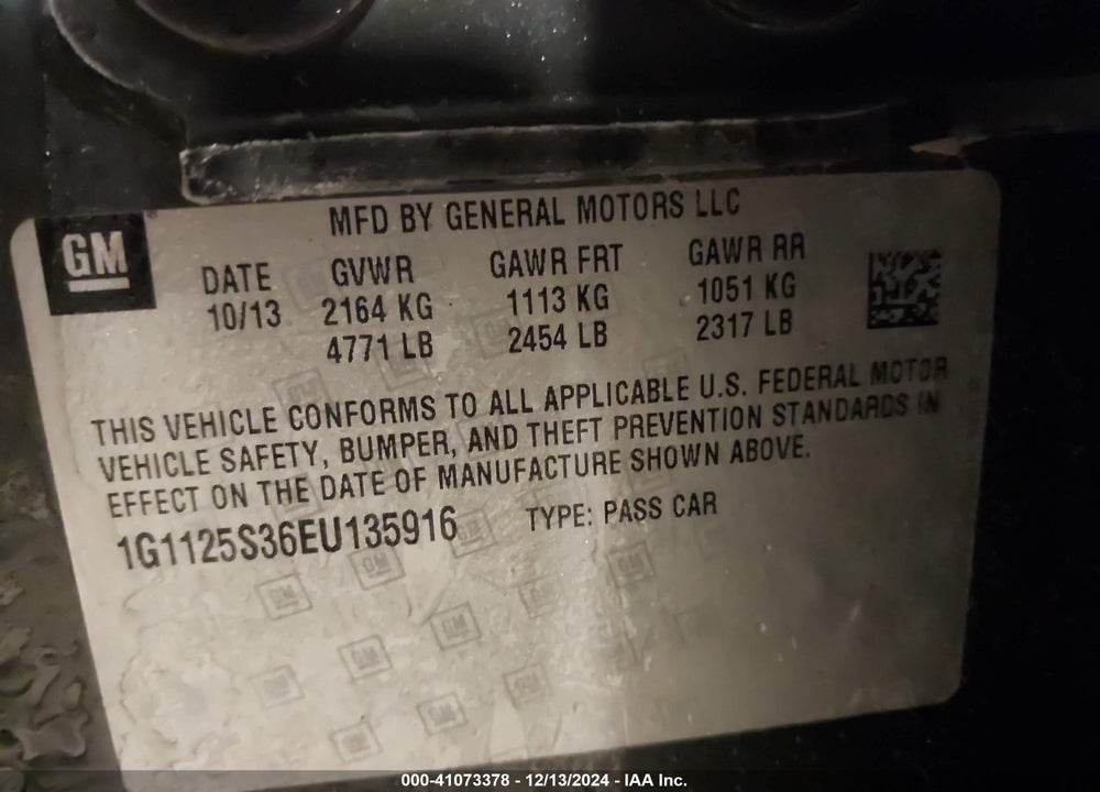2014 CHEVROLET IMPALA 2LT VIN: 1G1125S36EU135916