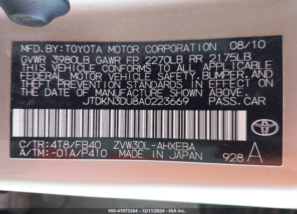 2010 TOYOTA PRIUS VIN: JTDKN3DU8A0223669