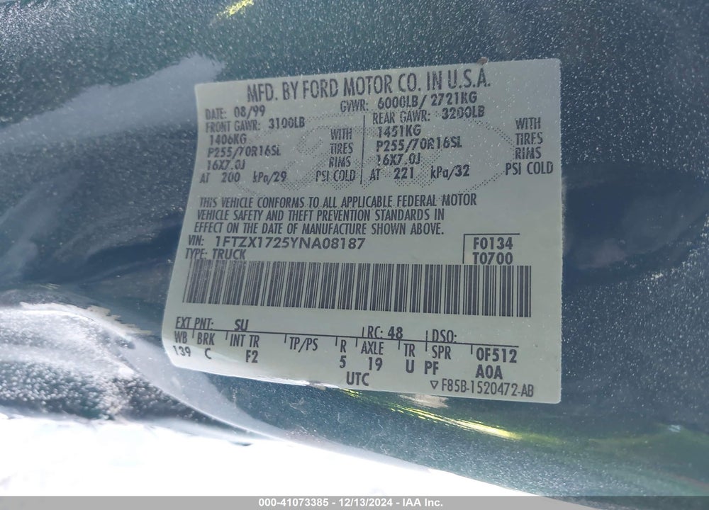 2000 FORD F-150 WORK SERIES/XL/XLT VIN: 1FTZX1725YNA08187