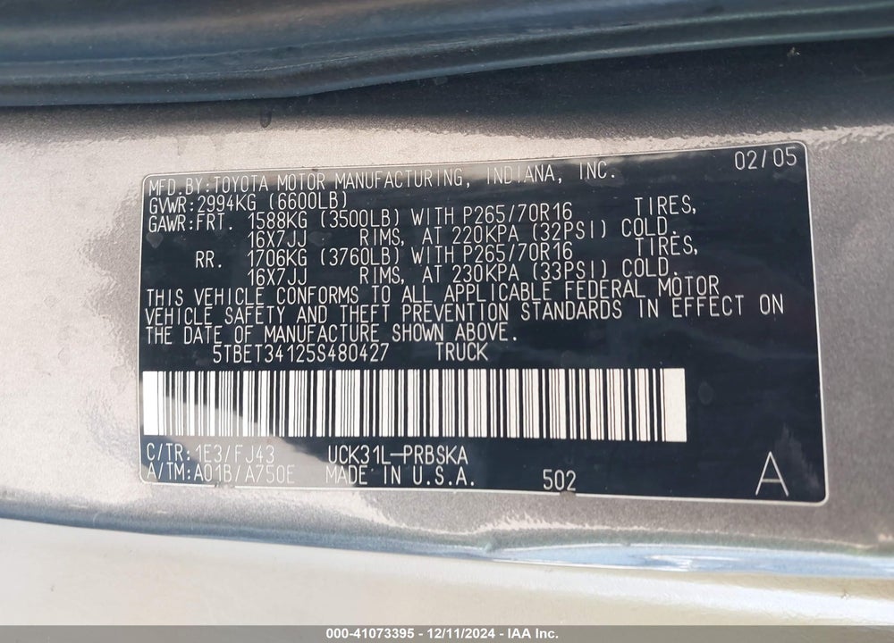 2005 TOYOTA TUNDRA SR5 V8 VIN: 5TBET34125S480427