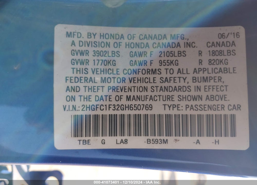 2016 HONDA CIVIC VIN: 2HGFC1F32GH650769