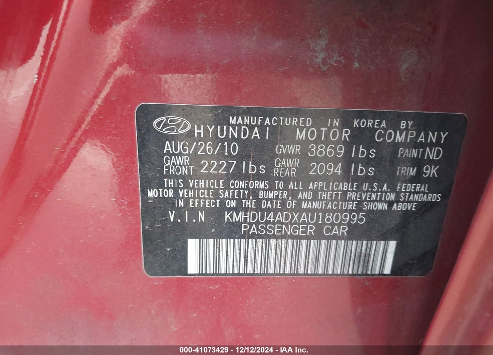 2010 HYUNDAI ELANTRA BLUE/GLS/SE VIN: KMHDU4ADXAU180995