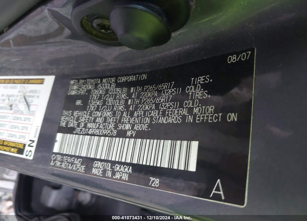2008 TOYOTA 4RUNNER SR5 V6 VIN: JTEZU14R980099578