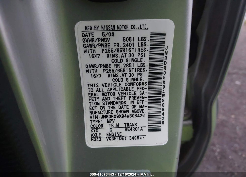 2004 NISSAN PATHFINDER SE VIN: JN8DR09X94W808426