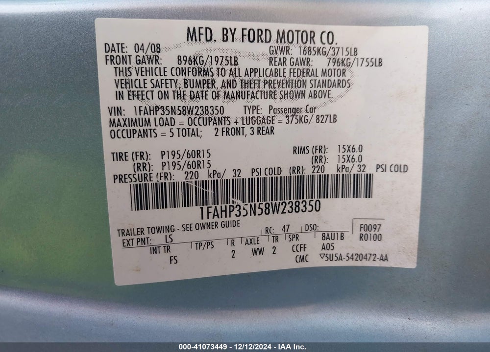 2008 FORD FOCUS SE/SES VIN: 1FAHP35N58W238350