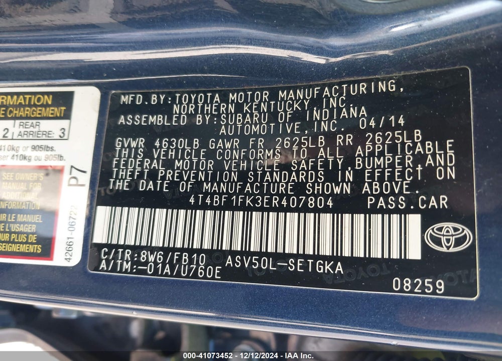 2014 TOYOTA CAMRY XLE VIN: 4T4BF1FK3ER407804