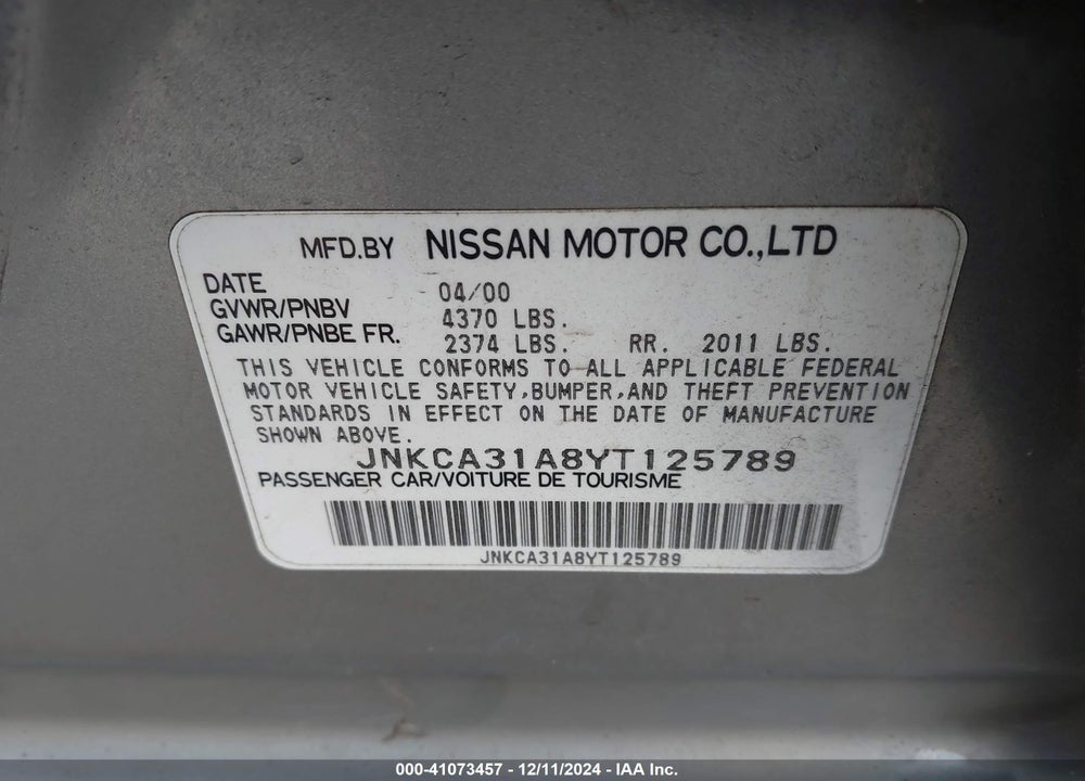 2000 INFINITI I30 LUXURY/TOURING VIN: JNKCA31A8YT125789