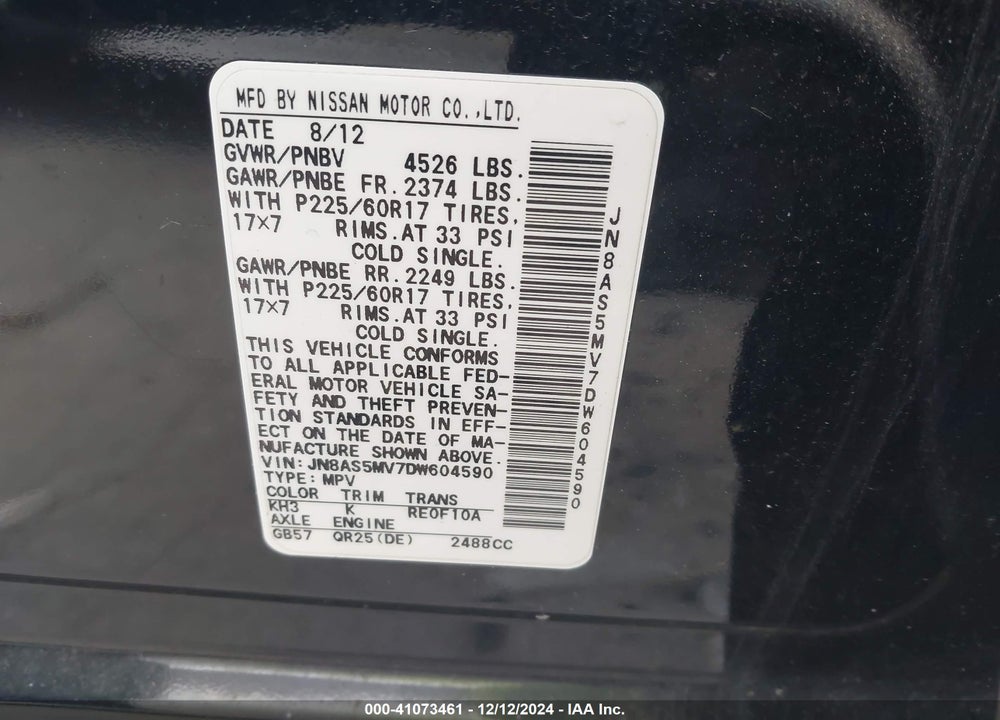 2013 NISSAN ROGUE SV VIN: JN8AS5MV7DW604590