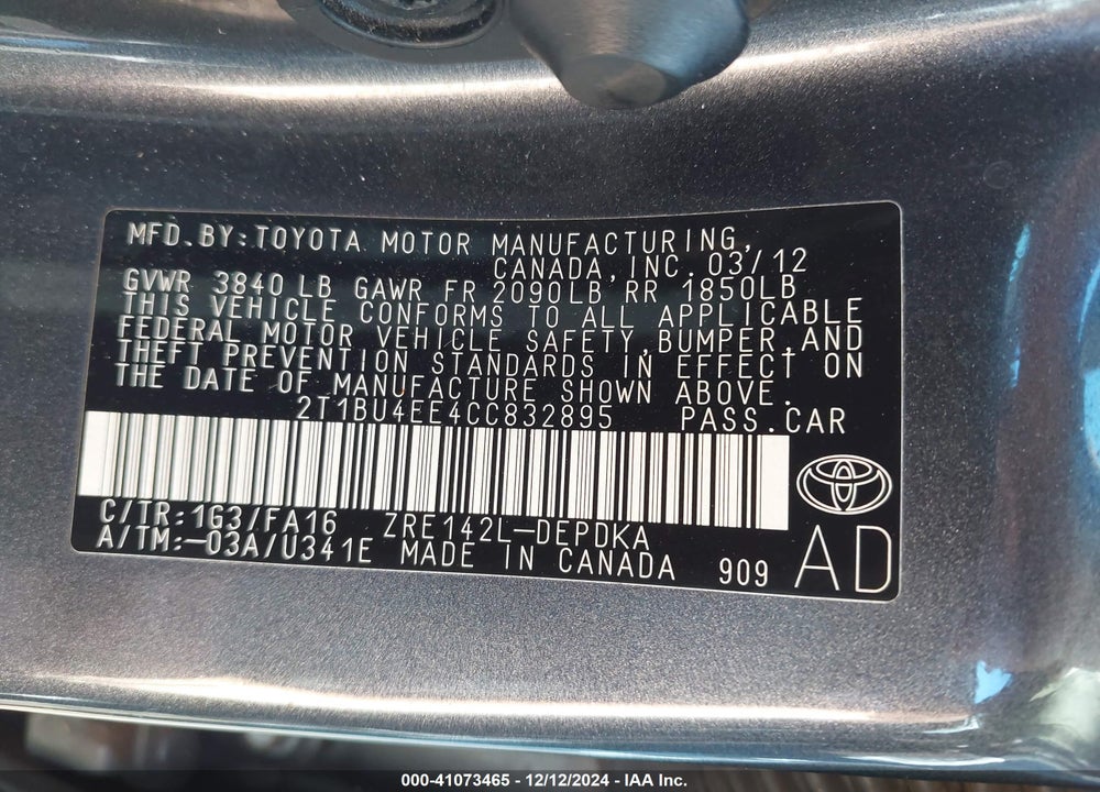 2012 TOYOTA COROLLA L VIN: 2T1BU4EE4CC832895