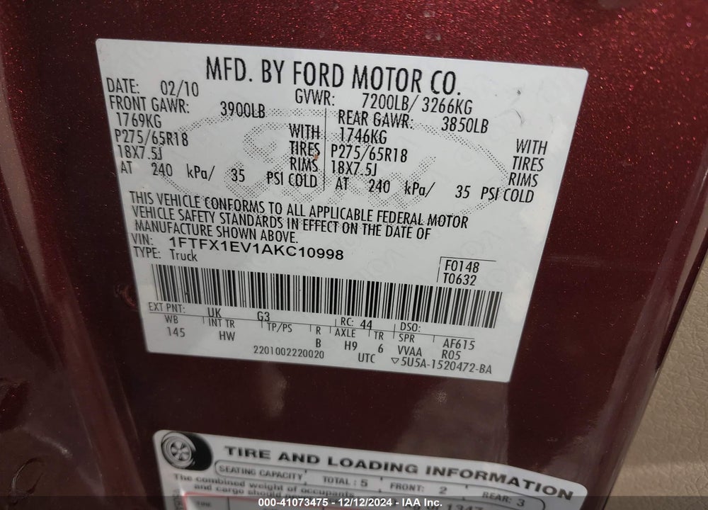 2010 FORD F-150 FX4/LARIAT/XL/XLT VIN: 1FTFX1EV1AKC10998
