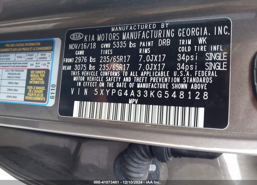 2019 KIA SORENTO 2.4L LX VIN: 5XYPG4A33KG548128