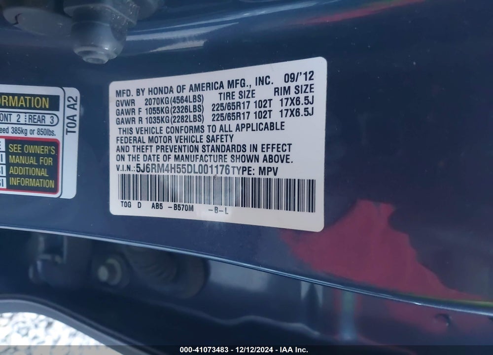 2013 HONDA CR-V EX VIN: 5J6RM4H55DL001176