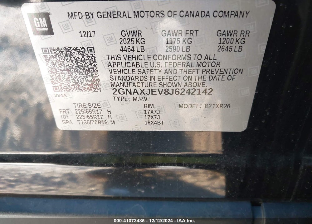 2018 CHEVROLET EQUINOX LT VIN: 2GNAXJEV8J6242142