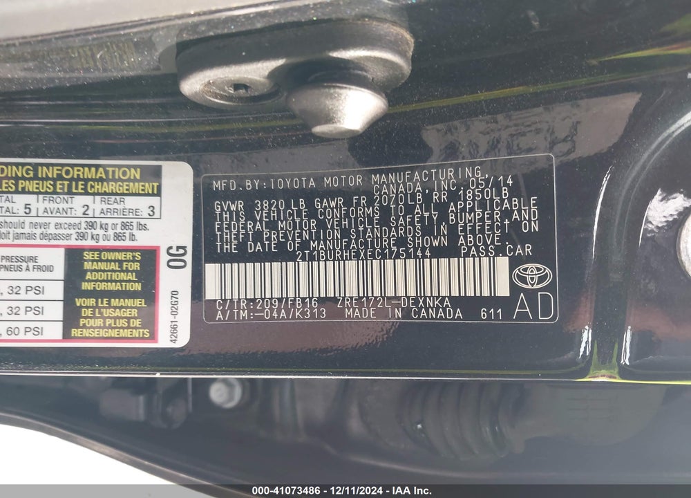 2014 TOYOTA COROLLA LE VIN: 2T1BURHEXEC175144